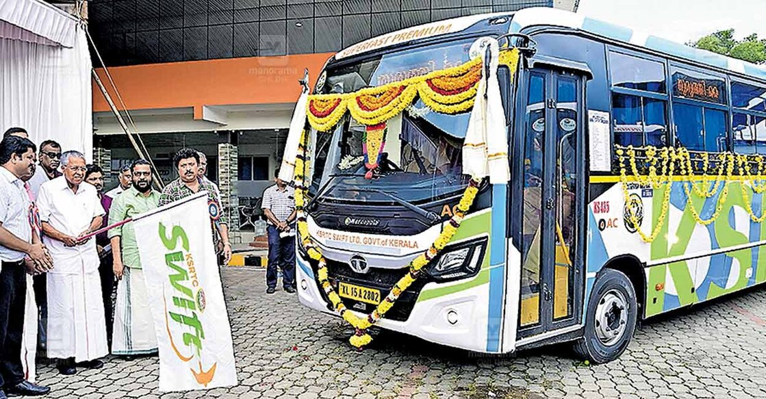 The brand new KSRTC Swift superfast premium AC buses have been designed by Minister KB Ganesh Kumar’s son Aditya Ganesh and his friend Amal Joachim. Photo: Manorama