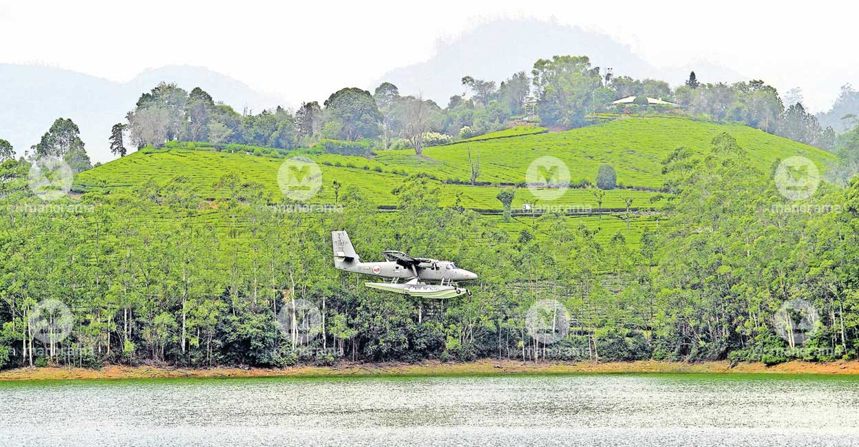 The Kochi - Munnar seaplane lands in Mattupetty Dam during its trial flight. Photo: Manorama