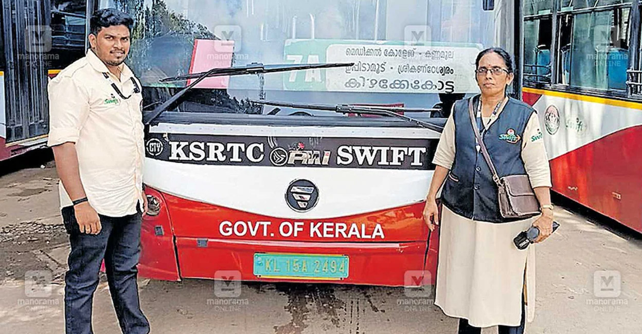 ksrtc-mom-son Sreerag (left) and Yamuna (right) in front of the KSRTC bus. Photo: Manorama