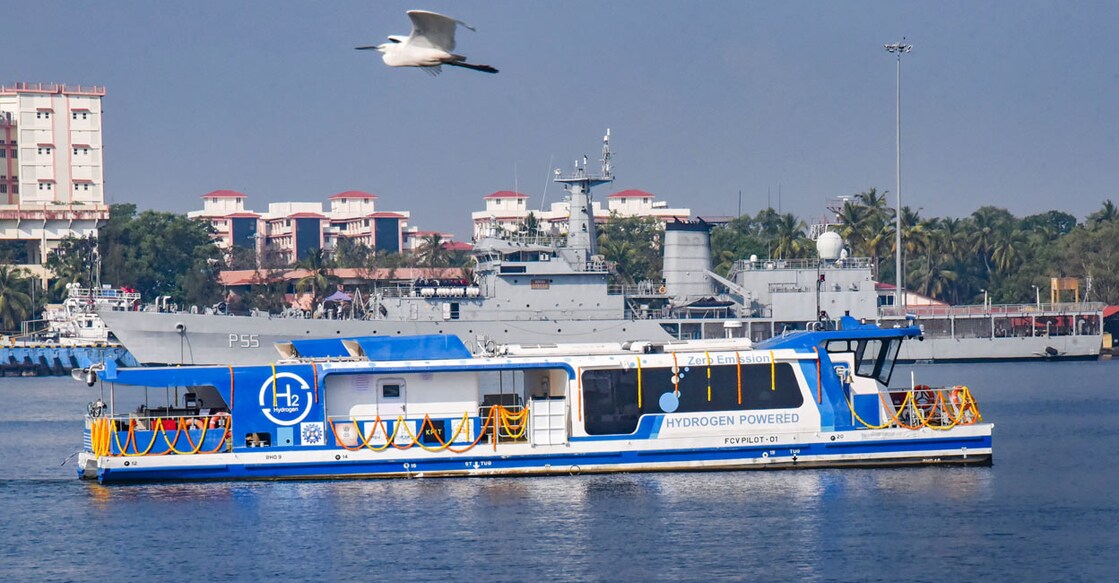 India's first indigenous green hydrogen waterway vessel built by Cochin Shipyard, at the backwaters of Kochi, Wednesday, Feb. 28, 2024. Prime Minister Narendra Modi inaugurated the indigenous green hydrogen waterway vessel in Thoothukudi on Wednesday. Photo: PTI

