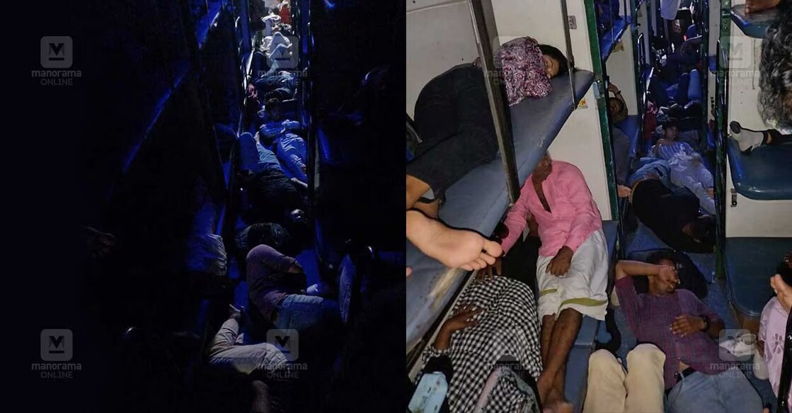 Passengers sleep on the floor at night in the Kochuveli - Mysore Express. Photo: J Leons/Manorama