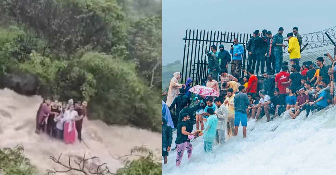 The family caught up in the flash floods at Bhushi Dam (left). The waterfall near Bhushi Dam in Lonavala. Photo: Screengrab/Shutterstock/Raksha Shelare