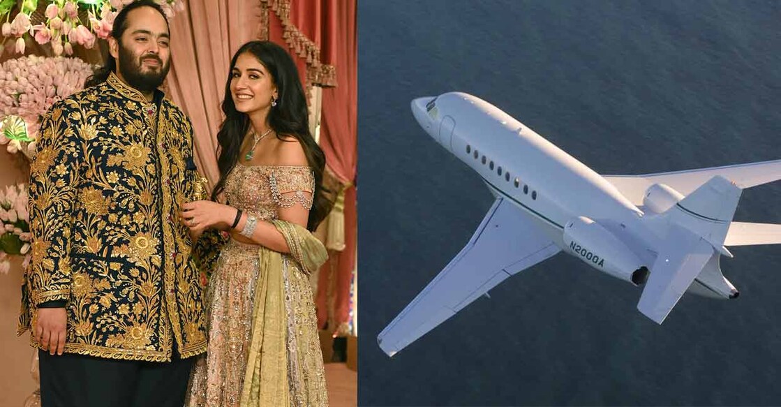 Anant Ambani and Radhika Merchant during their pre-wedding ceremony (left); The Falcon 2000 jet (right). Photo: AFP/Dassault Aviation