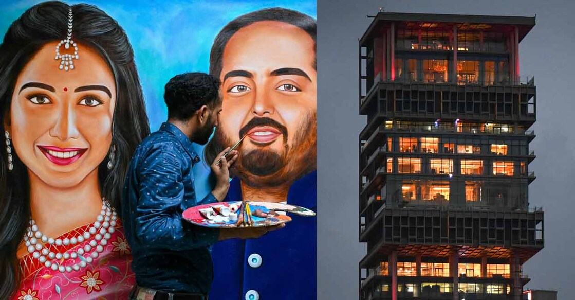 An artist paints Radhika Merchant and Anant Ambani in Mumbai (left); Mukesh Ambani's mansion lit up for the function (right). Photo: AFP