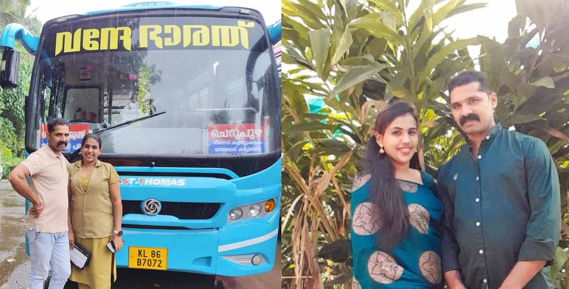 vande-bharat-bus-couple Jomon and Jijina with their bus named 'Vande Bharat.' Photo: Special Arrangement