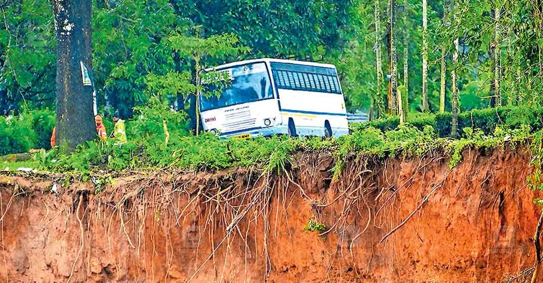 The employees in this KSRTC bus were the first few people to announce the news of the deadly landslide to the outside world. Photo: Manorama