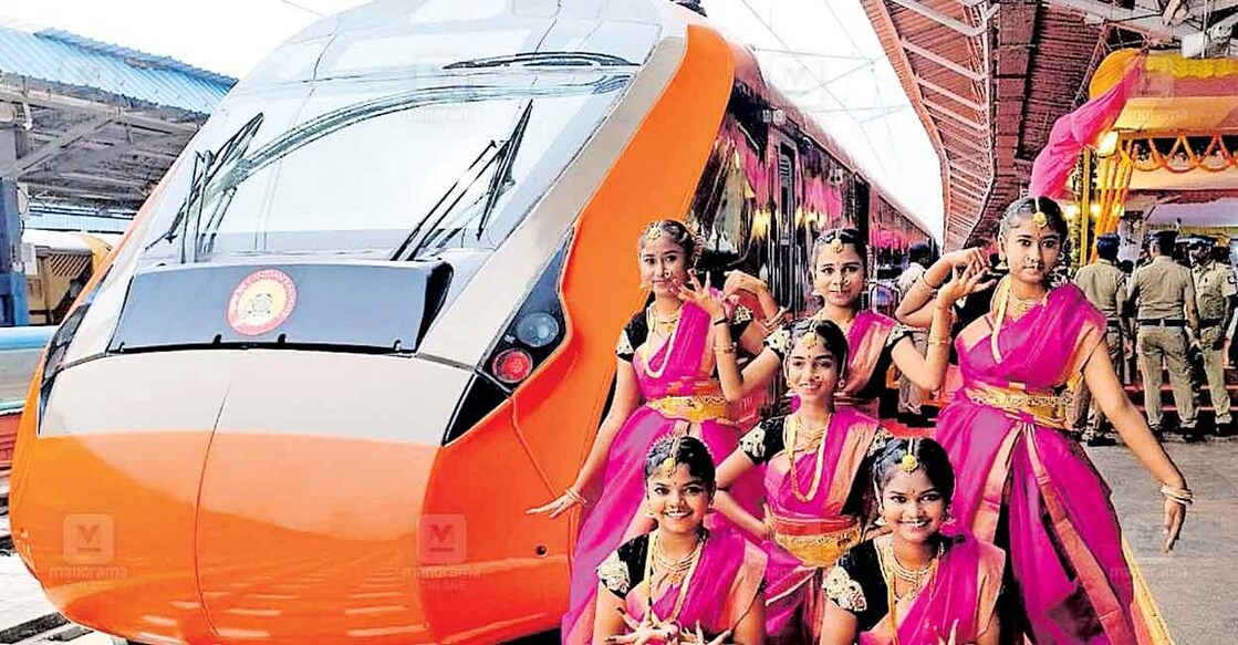 Dancers pose after the launch of the latest Vande Bharat train in Tamil Nadu. Photo: Manorama