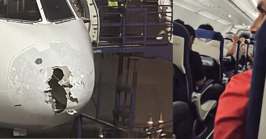 The broken nose of the flight (left) A video grab of the in-flight turbulence. Photo: PTI