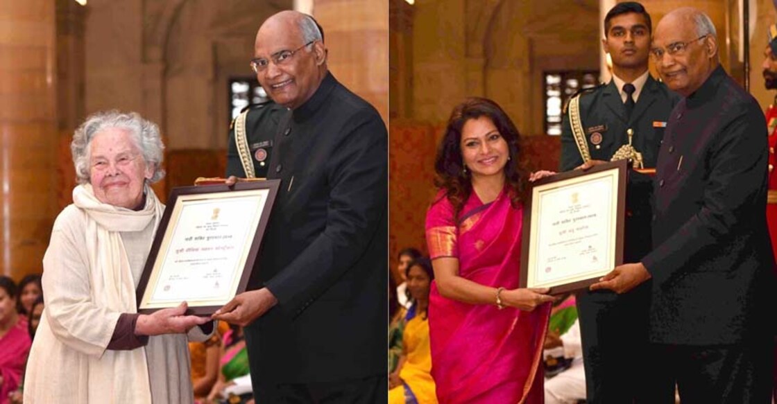 Left: President Ram Nath Kovind presents Nari Shakti Puraskar to Delia Narayan Contractor, Right: President presents Nari Shakti Puraskar to Anu Malhotra | Photo: IANS